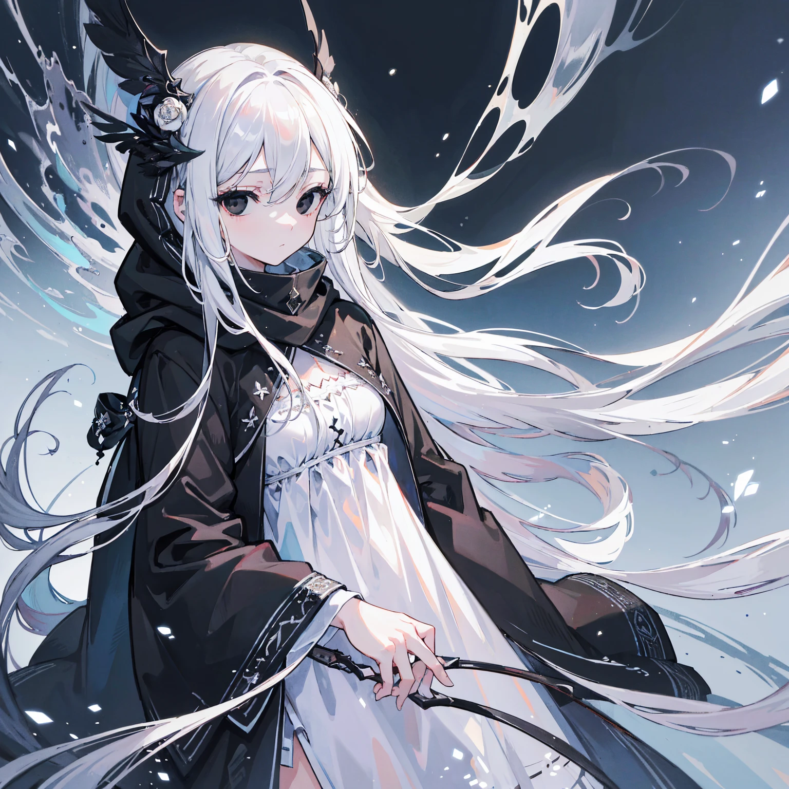 (best quality,high resolution,masterpiece:1.2),Extremely detailed,Extremely detailed, cold, solitary, 1 girl, beautiful girl, gaze, (black eyes:1.5), (Beautiful and delicate eyes:1.2), (Long hair:1.2), (White hair:0.8), (Silver Hair:0.5), (Bangs:0.5), (Dull hair:0.5), (Hair accessories:0.5), (Weaving:0.5), Hooded dress