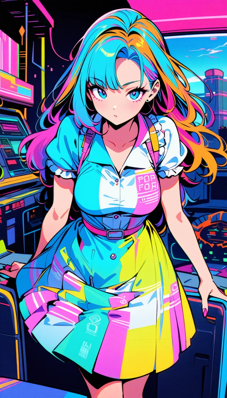 ((best quality)) , ((masterpiece)) , (detailed)，Color splash, (((1girl))) , wearing Shabby Chic Wrap dress, has metallic plating, Colored hair, ((Fossil fuel power station)) in background,  vaporwave style. retro aesthetic, cyberpunk, vibrant, neon colors, vintage 80s and 90s style, highly detailed