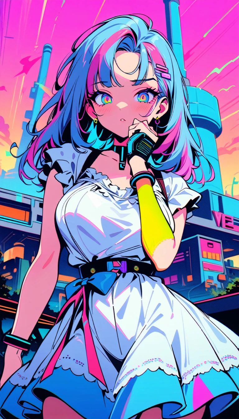 ((best quality)) , ((masterpiece)) , (detailed),Color splash, (((1girl))) , wearing Shabby Chic Wrap dress, has metallic plating, Colored hair, ((Fossil fuel power station)) in background, vaporwave style. retro aesthetic, cyberpunk, vibrant, neon colors, vintage 80s and 90s style, highly detailed