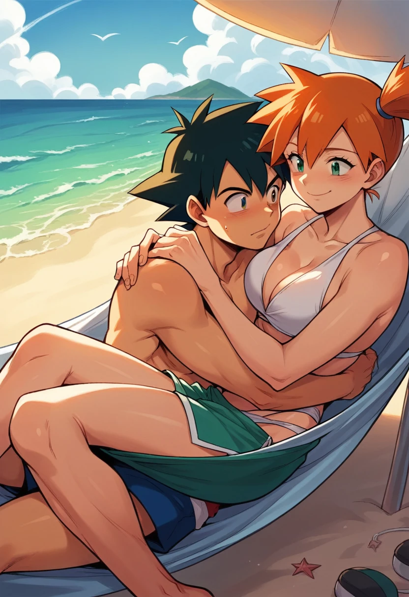 1boy, ash ketchum, black hair, brown eyes, hair between eyes, ash ketchum, on beach, shirtless, male swimwear, handsome boy, macho, good looking boy 1girl, misty pokemon, orange hair, green eyes, on beach, swimsuit, pretty, beautiful girl photograph of a 18 years old couple, they're showing off their love and affection for each other, they're caressing, intimacy, erotic moment, making out, in a beach chair, putting her hand on his chest 