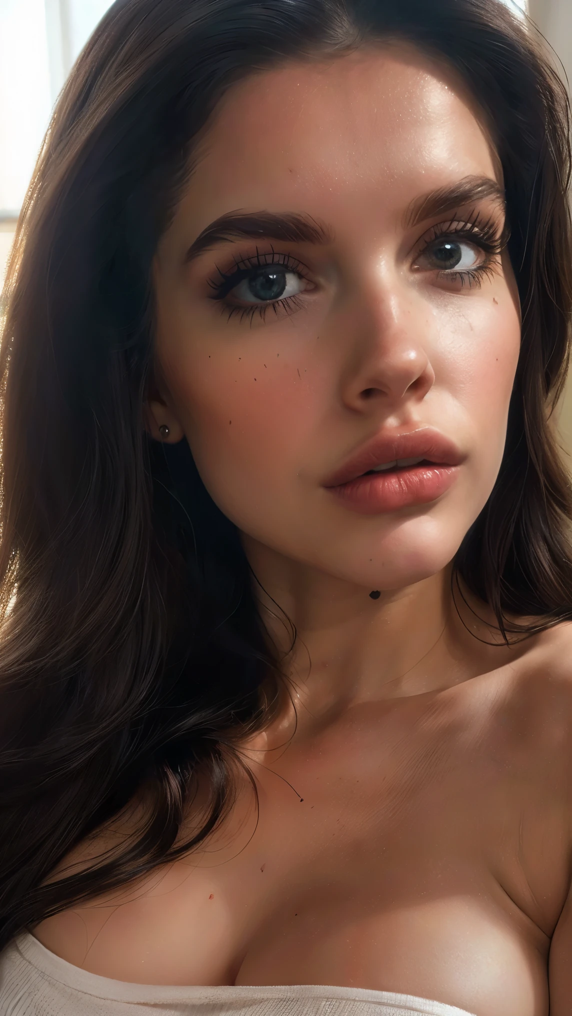 (((ultra realistic))) Photo, masterpiece, top quality, (pale skin), (Ultra detailed face and eyes:1.3), 1 girl, Adult, in a T-shirt, (Eye makeup, mascara) , ((large detailed lips)), ((Dark wavy hair)), ((Chyolka)) , (Natural breasts), Slim waist. ((Posing)), photoshoot, studio (soft lighting), (The play of light and shadows), depth of field, bokeh, (special attention to skin detail: 1.2), ((close-up portrait, close to the camera top view)) , ultra detialed,