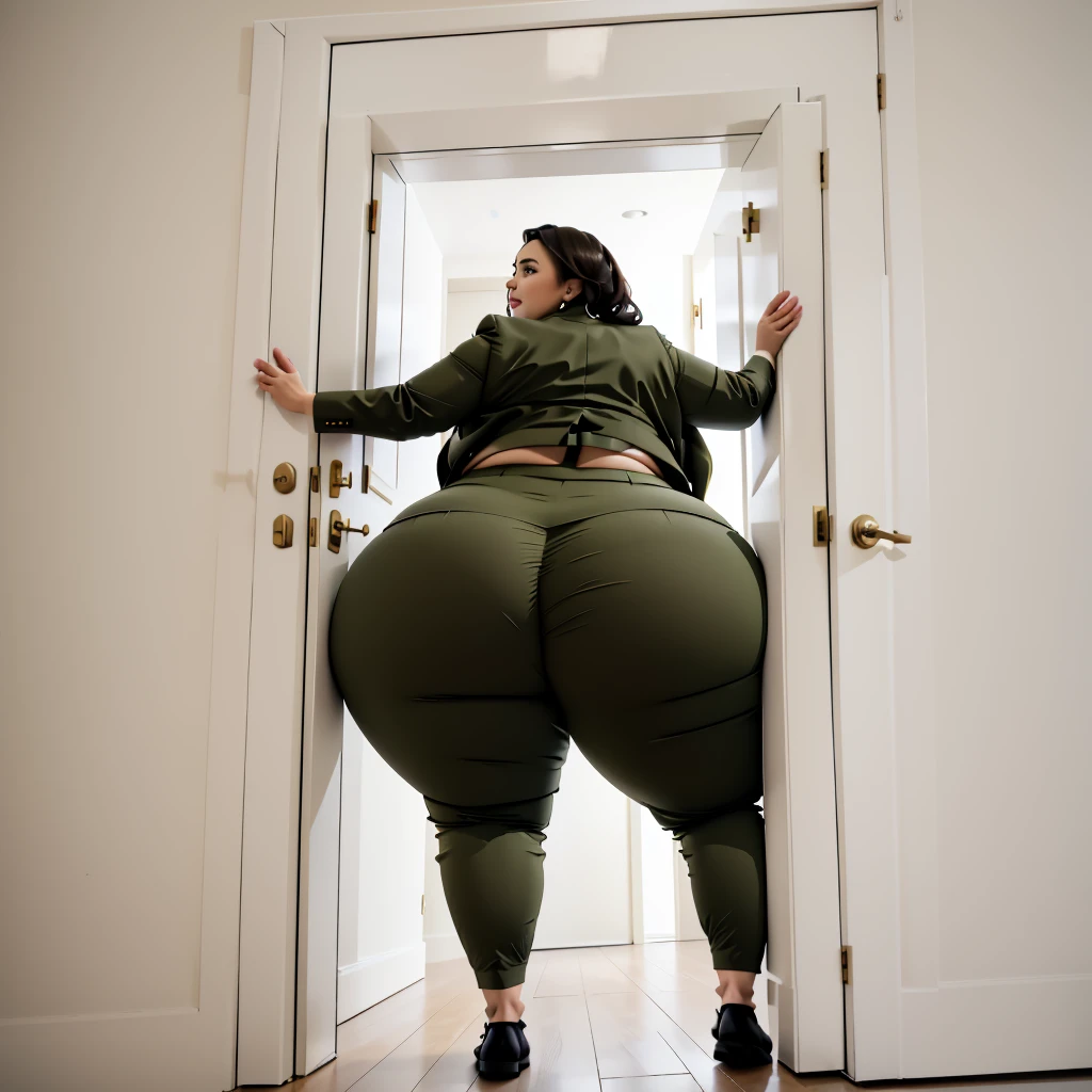 masterpiece, 1girl behind a doorway, from behind, (doorstuck, stuckback:1.3), ssbbw ,huge wide hips, round belly, thick thighs, giant butt,colorful clothing, wearing a olive green suit and tie and formal pants, upset, desperately trying to wiggle through, she tries to free herself but she won't budge, she is stuck tight view from above, she is too wide, the doorway is quite narrow too, she kicks her legs furiously, trying to wiggle her hips through the small door, but its no good, the door is too small, she keeps trying to squeeze through with frustration, she is stuck too tight