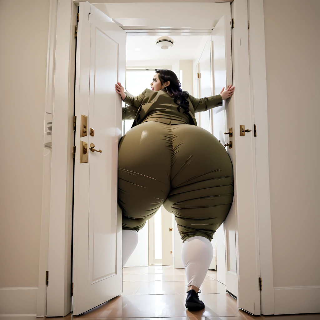 masterpiece, 1girl behind a doorway, from behind, (doorstuck, stuckback:1.3), ssbbw ,huge wide hips, round belly, thick thighs, giant butt,colorful clothing, wearing a olive green suit and tie and formal pants, upset, desperately trying to wiggle through, she tries to free herself but she won't budge, she is stuck tight view from above, she is too wide, the doorway is quite narrow too, she kicks her legs furiously, trying to wiggle her hips through the small door, but its no good, the door is too small, she keeps trying to squeeze through with frustration, she is stuck too tight