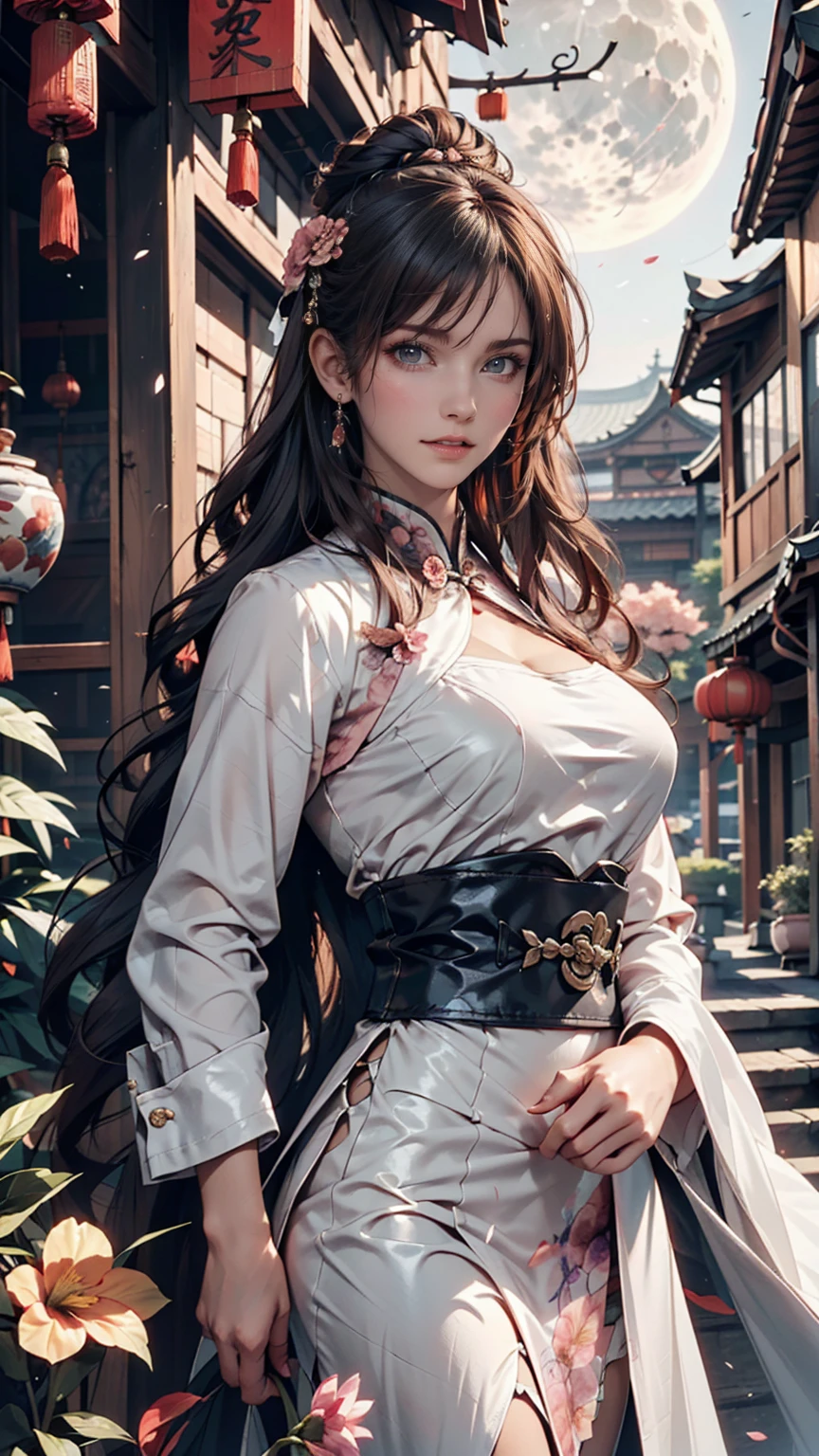 masterpiece, Highest, night, full moon, 1 female, Mature Woman, Chinese style, ancient China, sister, Royal Sister, Cold Face, Expressionless, A woman with long silvery white hair, Pale pink lips, Calm, intellectual, Three belts, Gray Hitomi, assassin, dagger, Flower ball background, Street view