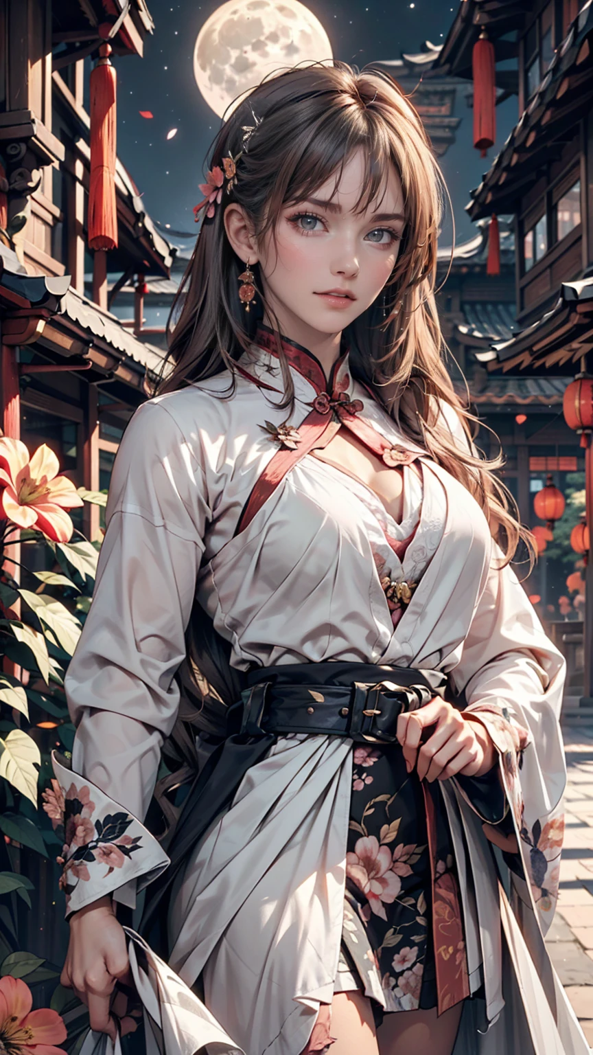 masterpiece, Highest, night, full moon, 1 female, Mature Woman, Chinese style, ancient China, sister, Royal Sister, Cold Face, Expressionless, A woman with long silvery white hair, Pale pink lips, Calm, intellectual, Three belts, Gray Hitomi, assassin, dagger, Flower ball background, Street view