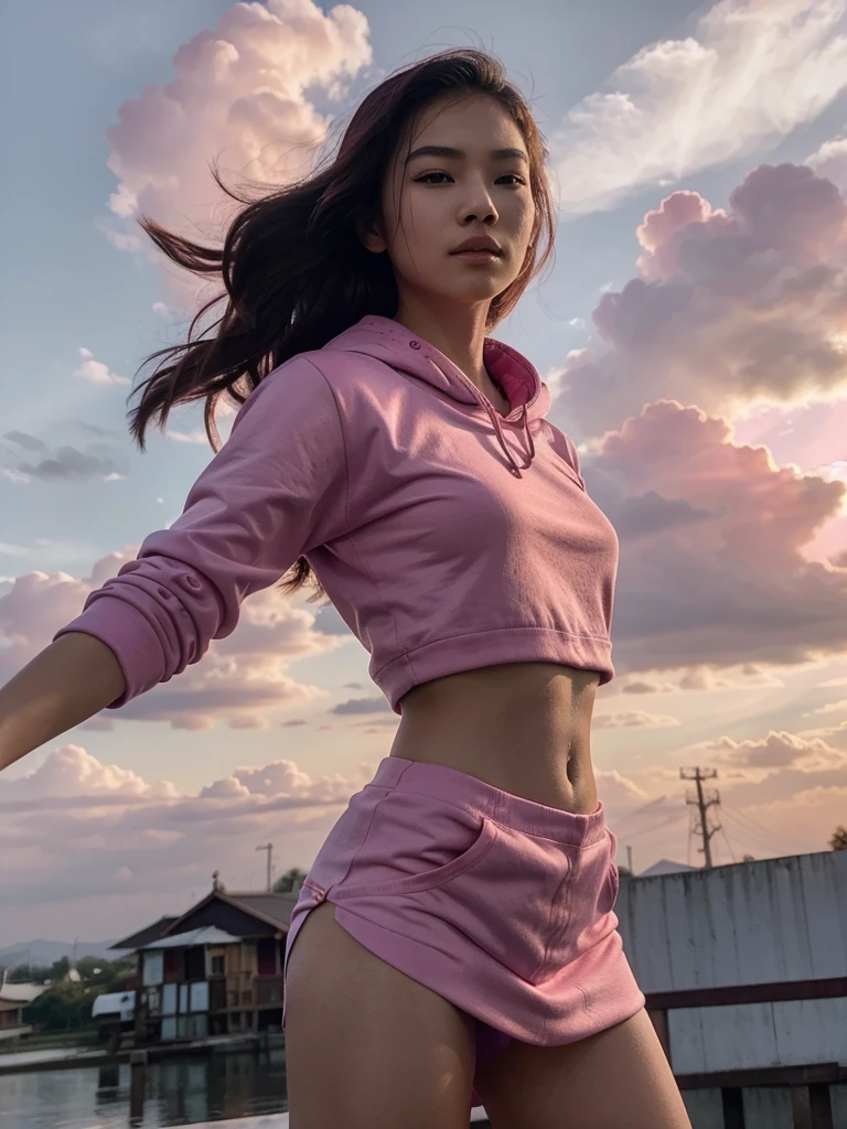 This photo features an artistic representation of a beautiful 20-year-old Thai woman in a dynamic pose against a backdrop of bright pink and purple clouds. The character is wearing a red and white hoodie, as well as flowing red and white cloth, giving the impression of movement. And there is a light effect around one of her hands, indicating magical powers.