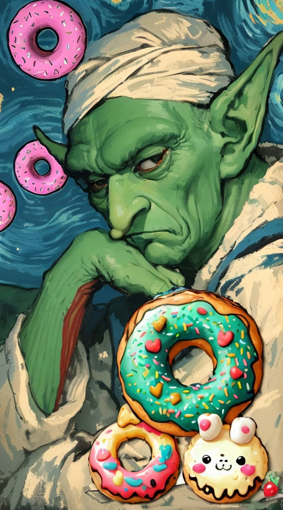 painting of a yodak with a doughnut and a donut, orc themed, inspired by Richard Dadd, inspired by Jens Ferdinand Willumsen, early cuyler, inspired by Hieronim Bosch, yoda fantasy art portrait, inspired by Otto Dix, eating a donut, inspired by Yoshitoshi ABe, inspired by William Dring, inspired by Michelangelo