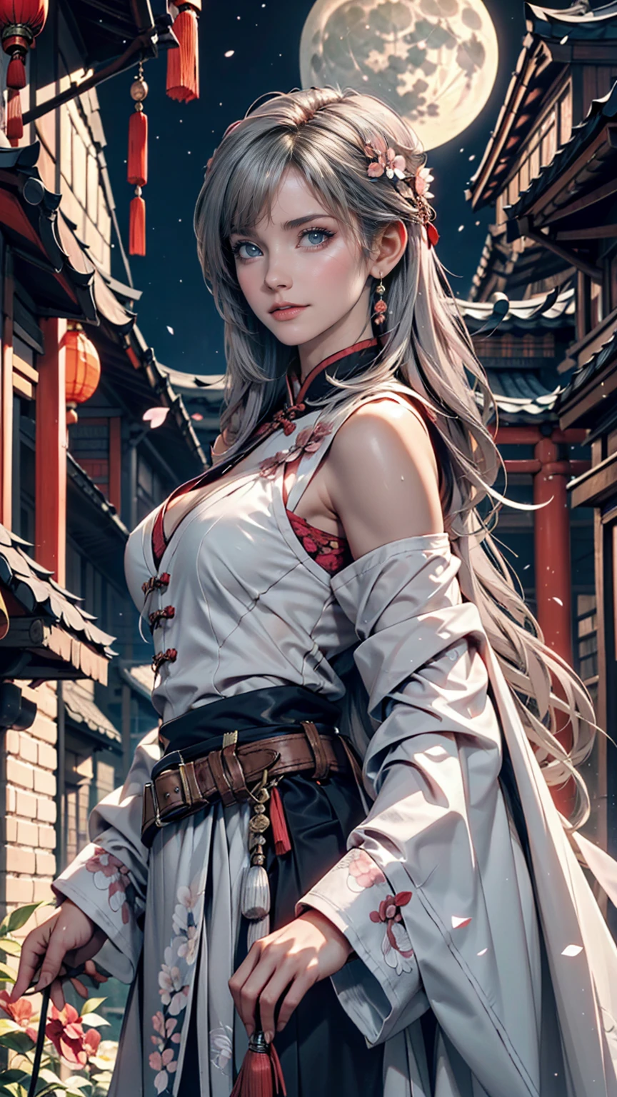masterpiece, Highest, night, full moon, 1 female, Mature Woman, Chinese style, ancient China, sister, Royal Sister, Cold Face, Expressionless, A woman with long silvery white hair, Pale pink lips, Calm, intellectual, Three belts, Gray Hitomi, assassin, dagger, Flower ball background, Street view
