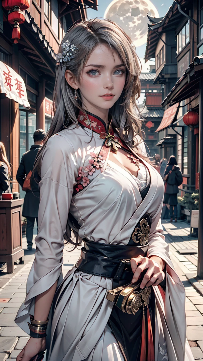 masterpiece, Highest, night, full moon, 1 female, Mature Woman, Chinese style, ancient China, sister, Royal Sister, Cold Face, Expressionless, A woman with long silvery white hair, Pale pink lips, Calm, intellectual, Three belts, Gray Hitomi, assassin, dagger, Flower ball background, Street view