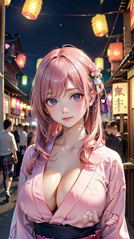 ((Highest quality, 8k, masterpiece :1.3)), (Sharp focus :1.2, Beautiful woman with perfect figure :1.4, Slim Abs), ((Big Breasts, Emphasize cleavage:1.2)), (Photorealistic:1.4), (realistic:1.4), (Pink Hair:1.5), Highly detailed face and skin texture, Fine grain, double eyelid. Makeup face, A little bit of lipstick, sex appeal, Sexy gravure pose, ((Wearing a pink yukata、A high school girl with her hair down、Smiling sexy against the backdrop of lantern lights on a summer festival night。:1.3)