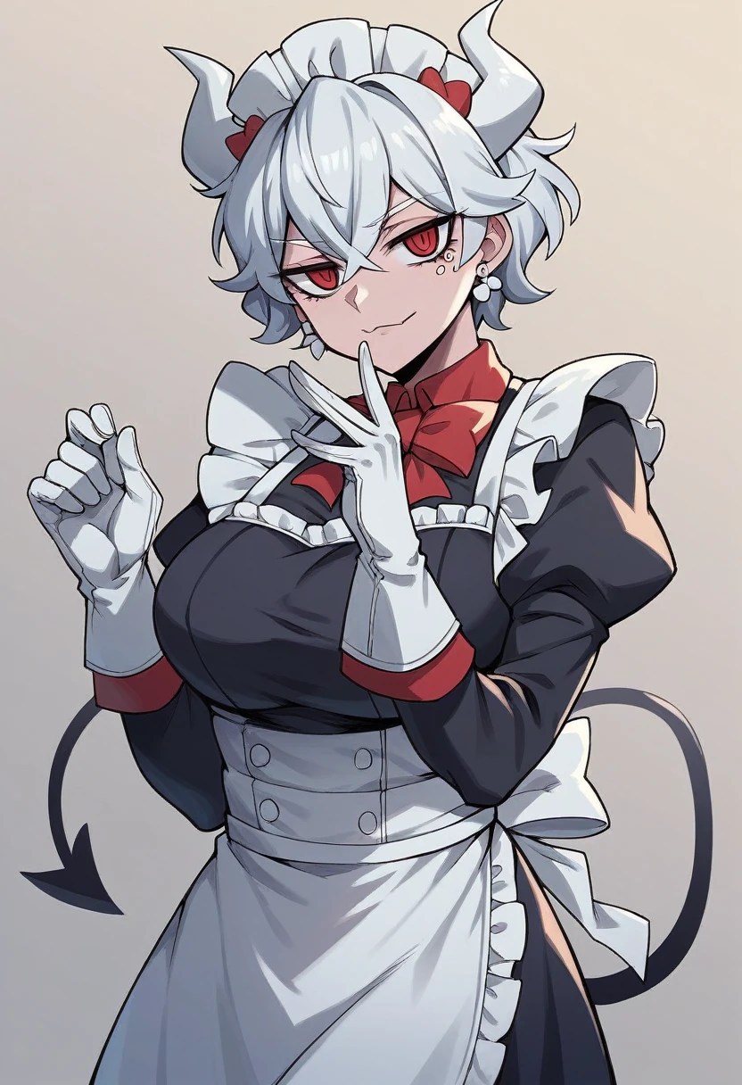 1girl, beelzebub \(helltaker\), ((blue medical gloves)), (black maid uniform), ((long sleeves)), looking at viewer, standing, solo