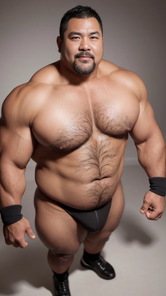 black hair, middle-aged man, individual, male, Muscular wrestler, muscular, Stout wrestler, Asian, Japanese, uncle, 55 year old middle-aged man, short hair, short hair, red wrestling boots, full body portrait, shadow, Vision, red briefs, obesity, 45 years old, short beard, middle-aged man, tattoo, fingerless gloves, Wheat skin, shiny skin, dark skin, Show your pectoral muscles, sumo wrestler, bodybuilder, wide temples, Visible abdominal muscles, Smile, Fine hands, solid color background, pure white background, Surrealism, Panorama, 8k, super detail，