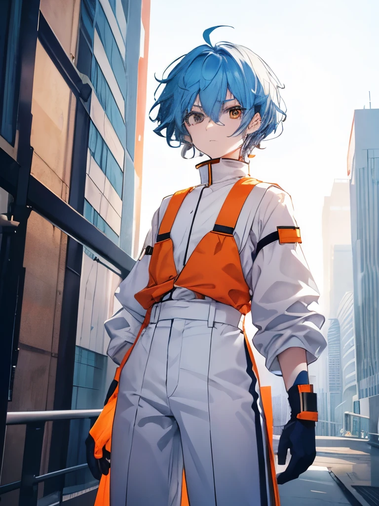 Skinny BLUE HAIR guy with a WHITE shirt tall on top of this, a dark orange bib, white pants , orange boots and orange gloves.serious face CURLY BLUE hair