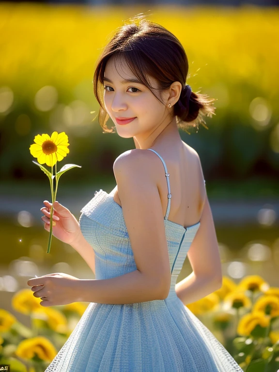 (masterpiece, best quality), outstanding details, ultra-high resolution,
anatomically correct, textured skin, (realism: 1.4),
wide shot, atmospheric perspective, Wide-Angle, f/1.2, UHD,
cowboy shot, (Walking), (holding a sunflower, reaching out),
1 Japanese lady, 28 years old, beautiful and a delicate face,
perfect proportion, (plump:1.4, small breasts),
dazzling smile, looking at viewer, animated expression,
chubby cheeks:1.2, tareme, Downturned Eyes, pupils sparkling, small nose,
brown hair, low ponytail, short hair, swept bangs,
(wearing a shoulderless dress with a gradient color from white to navy blue, The material of the dress is thin and smooth),
(background: Serene riverside with blossoming wildflowers)
depth of field, backlighting, cinematic lighting, reflection light,