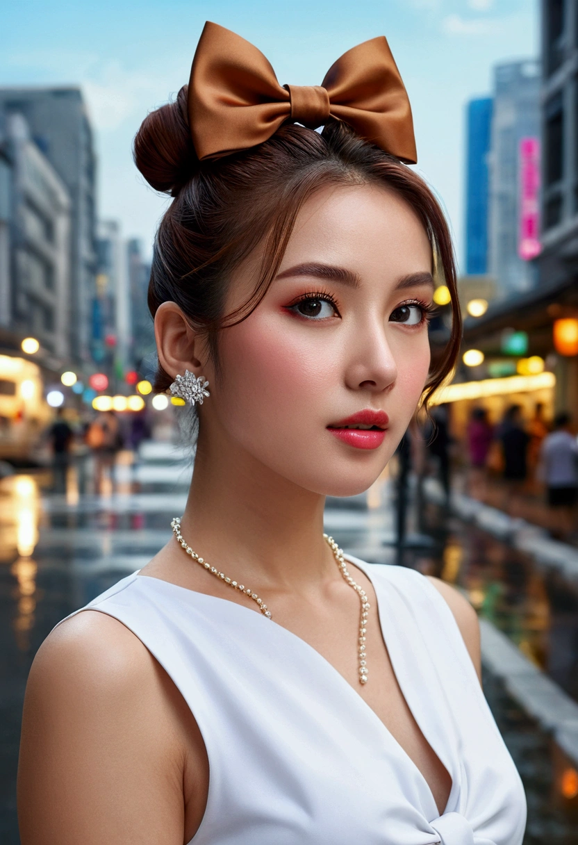 wet,(Highest quality,4K,8ก,high resolution,Masterpiece:1.2),Superb details,(realistic,photorealistic,photo-realistic:1.37),woman,brown hair,Bun hair,Double good,hair bow,Very stylish,city,Beautiful makeup,beautiful woman,small breasts,Portrait,Bright colors,woman in a bustling city,Beautiful shiny hair,sophisticated Double goods,hair bow accessories,Fashion Forward,perfect makeup, The costumes are black and white and lively.,Confident attitude,stylish city background,Unique and modern,Attractive appearance,city lights shining,Modern and trendy style,confident gaze of the woman,แฟชั่นในcity, shorts, t-shirt,Stylish accessories,cityscape as a backdrop,gorgeous brown,stunning beauty of the woman,ในcityและเก๋ไก๋,Lively atmosphere,city hustle and bustle,modern lifestyle,The clothes are stylish and elegant.,Graceful and calm attitude,Bright and energetic color palette,Fashion Forward statement piece,High fashion hair accessories,Sophistication and charm,現代の都cityシーン