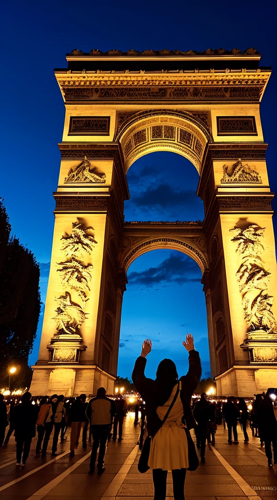 Arc de Triumphed, Champs-Élysées, Freedom fighter Female warrior, Fighting for freedom I have big eagle wings on my back so I can fly anywhere、Raise your hands high up to the sky、I always live in the Arc de Triomphe in France.、At night, a fire shines within the Arc de Triomphe to illuminate the darkness in people's hearts.、Absolutely invisible to humans、 (uhd, masterpiece, retina, anatomically correct, accurate, textured skin, super detail, high quality, high details, higher)