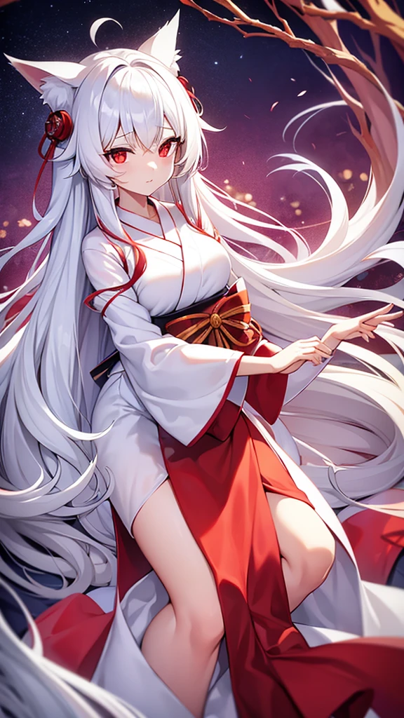 A nine-tailed fox girl with long white hair and red eyes white yukata shirt long skirt open side