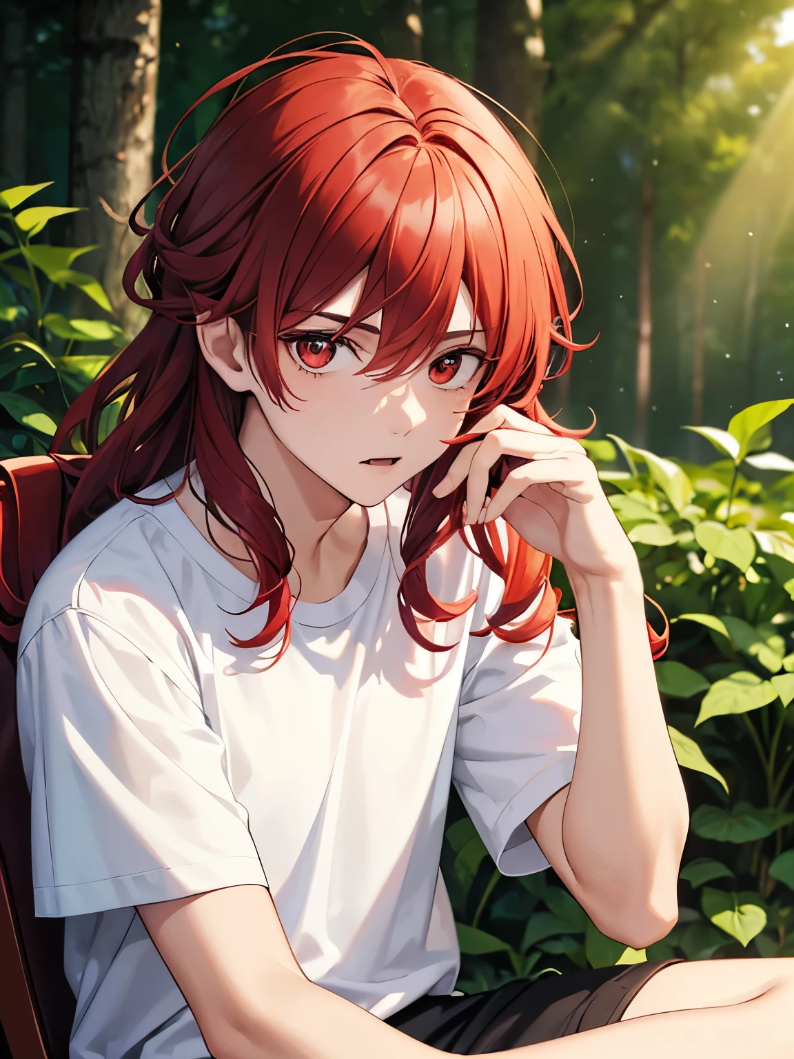 1boy,18 years old,sitting in forest,  ,cool,middle parted hairstyle,Curly hair, red hair, red eyes, long hair, vampire, handsome,,close up photo, close up photo,White t-shirt,Short sleeve t-shirt,,black trousers