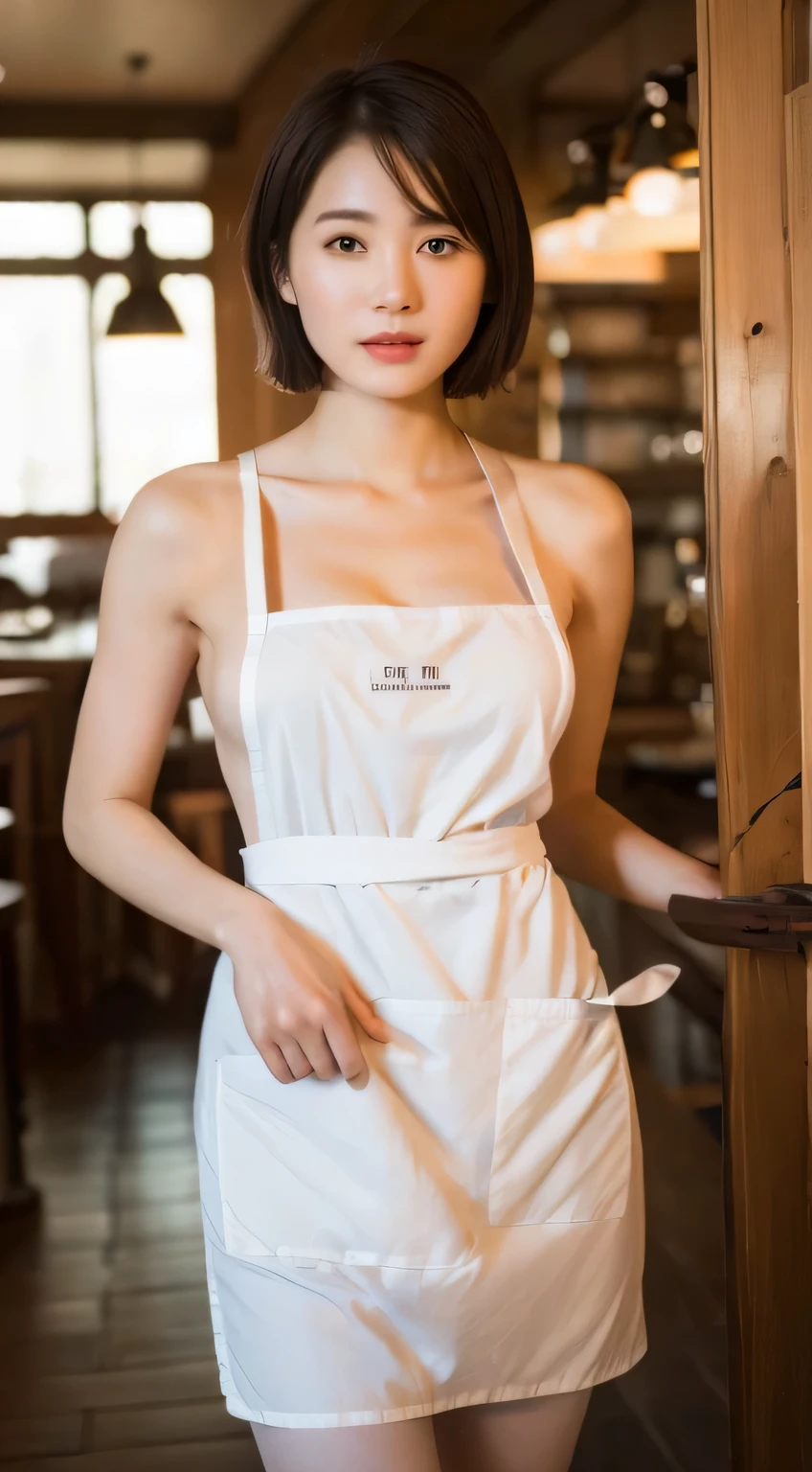 ((Highest quality, 8k, masterpiece: 1.3)), A beautiful Japanese girl, Beautiful woman with slim abs: 1.3, (Medium Short Hair, big: 1.2), (White nude apron: 1.3), Highly detailed face, Detailed eyes, double eyelid, Cafe Background, Hunchback, hands on knees, Cleavage, Photographed from diagonally above,