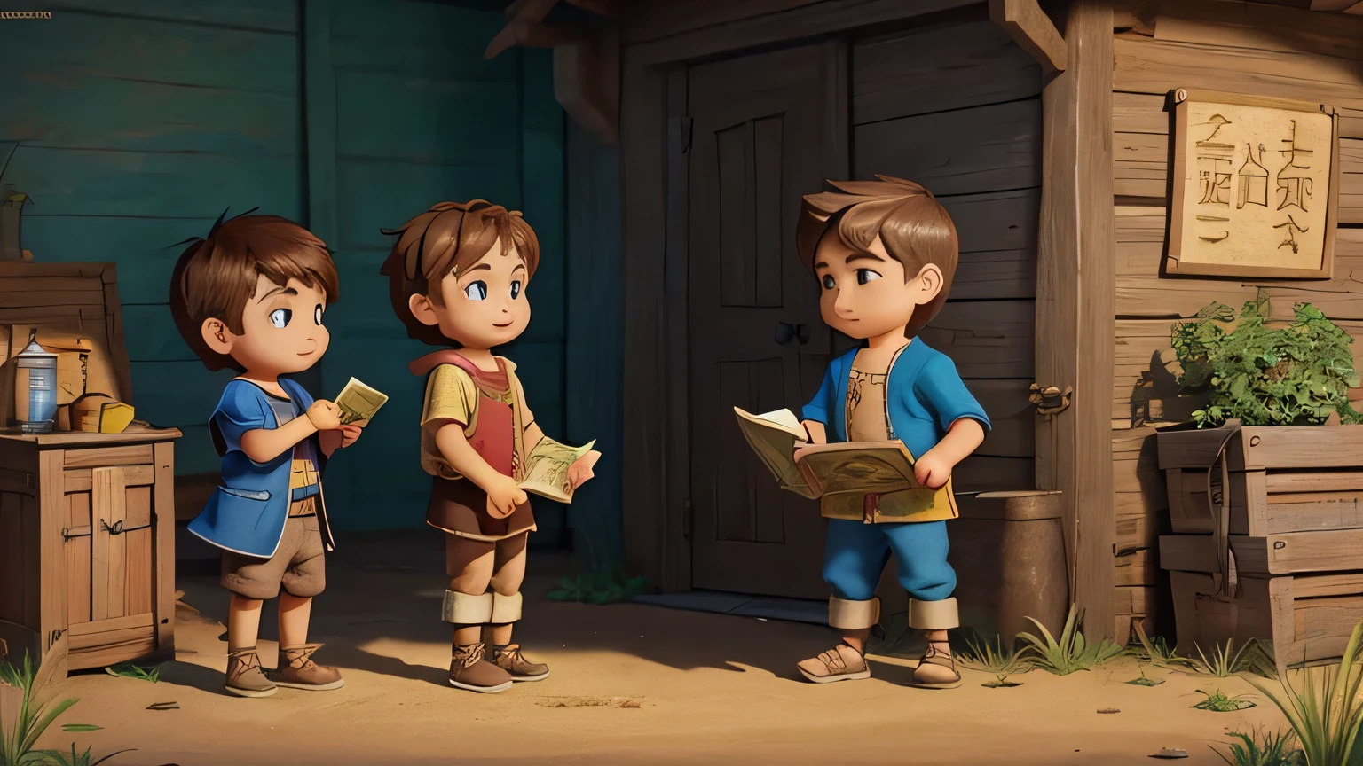 Main Character boy**: Illustrate boy as a simple
villagee boy.
2. 2. **Boy's Family**: Show a scene depicting the family's poverty and struggles.
3. 3. **Girl**: Include an image of girl, emphasizing her friendship and support.
4. 4. **Magical Map**: Show boy and girl
discovering the magical map, ready for an adventure.
5. 5. **Treasure**: A small depiction of the treasure to intrigue viewers about the story. cartoon image
