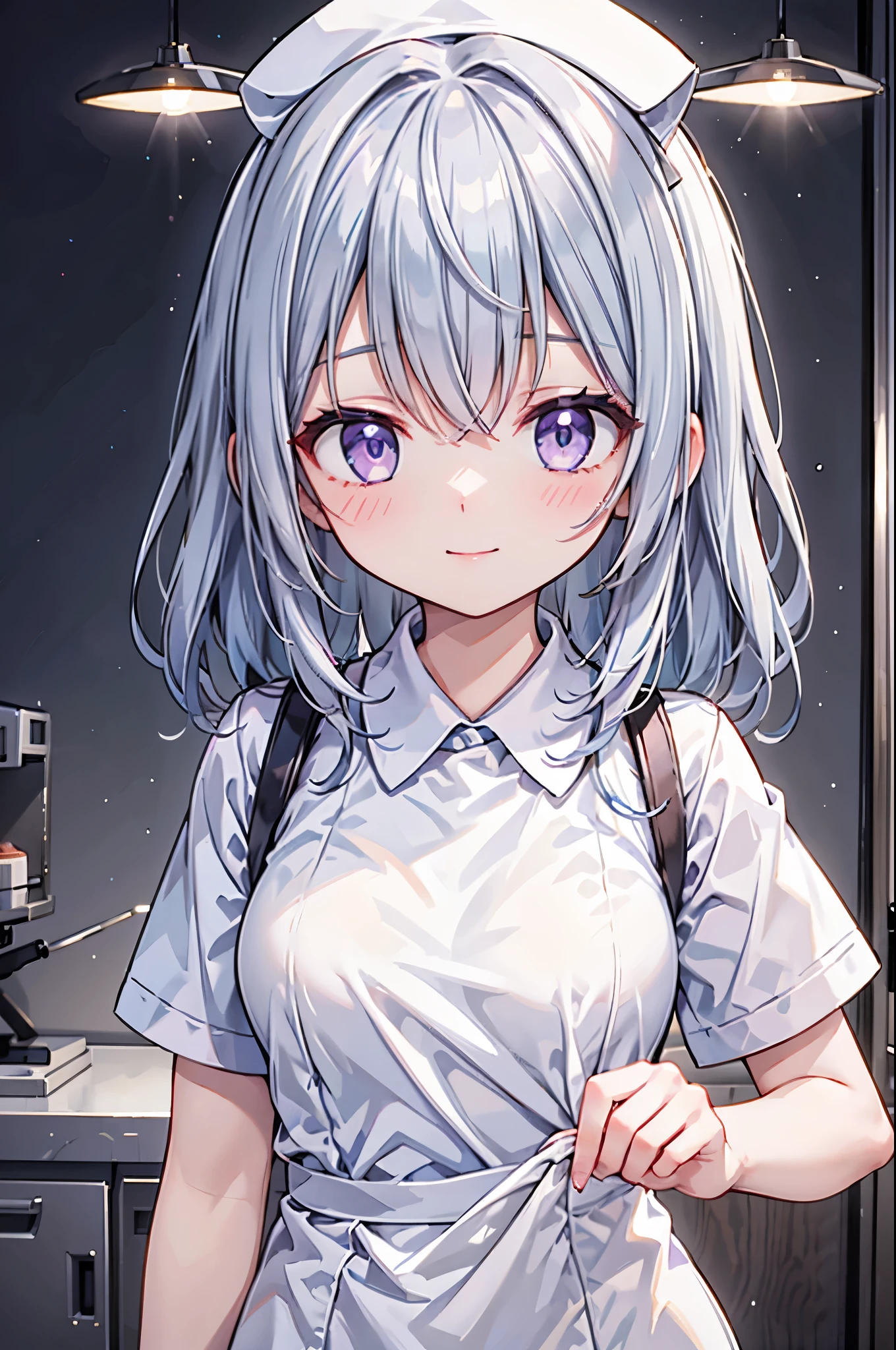 high resolution,smile,woman,woman1人,adult,cute, Medium Hair,wavy hair, Light blue hair,Purple eyes, White nurse uniform,whole body, BREAK Background white,
