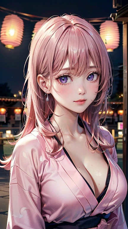 ((Highest quality, 8k, masterpiece :1.3)), (Sharp focus :1.2, Beautiful woman with perfect figure :1.4, Slim Abs), ((Big Breasts, Emphasize cleavage:1.2)), (Photorealistic:1.4), (realistic:1.4), (Pink Hair:1.5), Highly detailed face and skin texture, Fine grain, double eyelid. Makeup face, A little bit of lipstick, sex appeal, Sexy gravure pose, ((Wearing a pink yukata、A high school girl with her hair down、Smiling sexy against the backdrop of lantern lights on a summer festival night。:1.3)