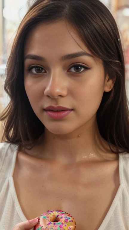 a girl eating a delicious glazed doughnut, beautiful detailed eyes, beautiful detailed lips, extremely detailed eyes and face, long eyelashes, sweet expression, holding doughnut in her hand, photo, high quality, hyperrealistic, warm lighting, vibrant colors, 8k, detailed texture, glossy doughnut, detailed background