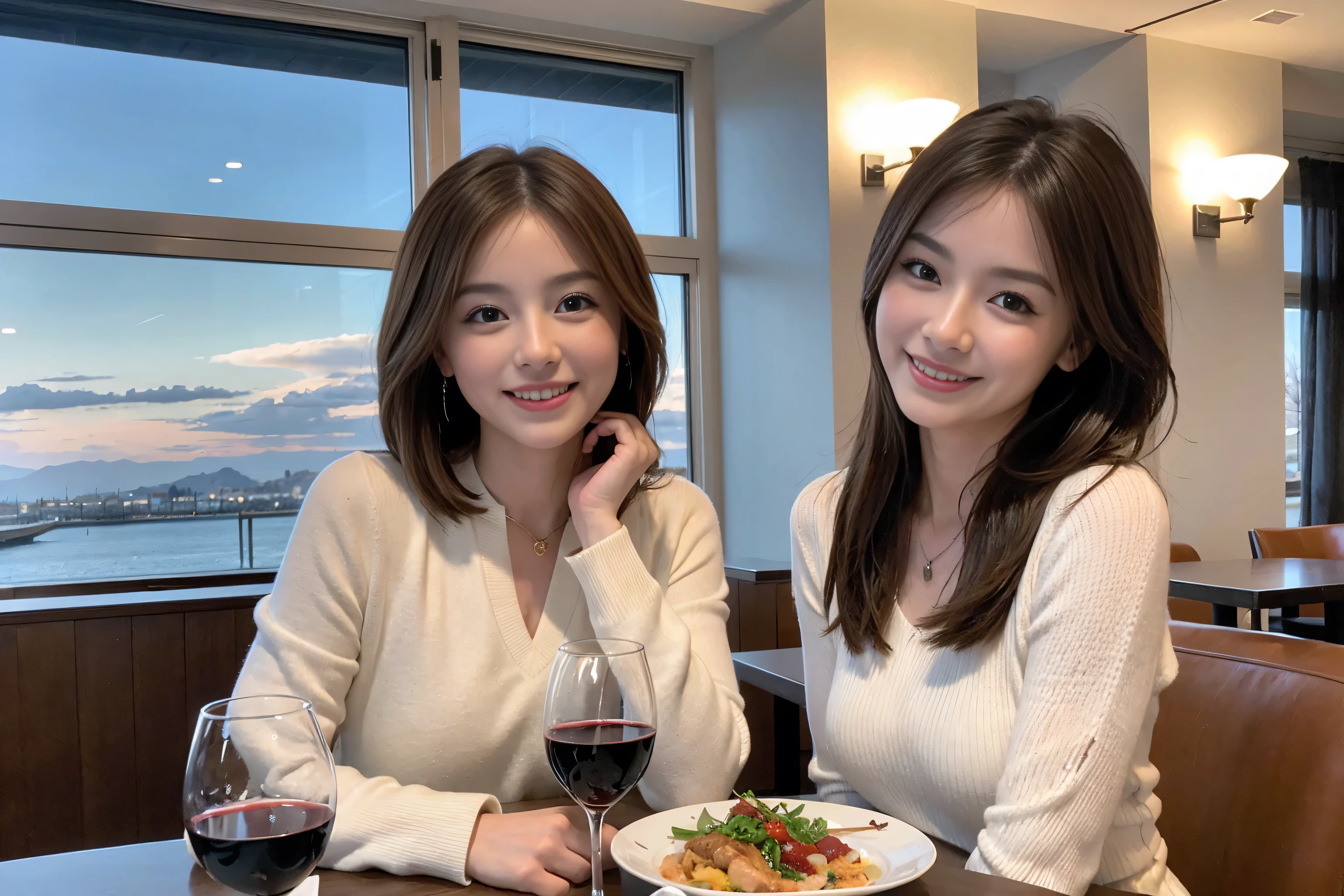 ((Highest quality、8k、masterpiece:1.3))、cute、Slim couple、Model Couple、Actress、(Realistic, Intricate details:1.2), full-course dinner、Wine Party、Amazing view of the sunset sky and clouds、A bright smile、short hair,Bright Face、 (45 years old), 48 years old, red wine 、Appetizers、Italian food、Wine bottle、Champagne、sparkling wine、Two beauties、Brown Hair、Shortcuts、Long sleeve shirt、dress、Beautiful woman 1, (Slim face), (The body is slim), (Brown Hair), (Shortcuts), cheeks turn a little red,Attractive beauty、restaurant, In a prominent place (From the waist up) Nova Frog Style, actress, model, Upper Body, White wine, slim, wine glass, A wine glass placed in the center, smile, (smile: 1.15), Beautiful fine grain, Depth f/2,saturation, High Contrast, Strong light and shadow,Moist Body:1.5、3D texture、Delicate eyes、Brown Hair、The hair is very shiny、