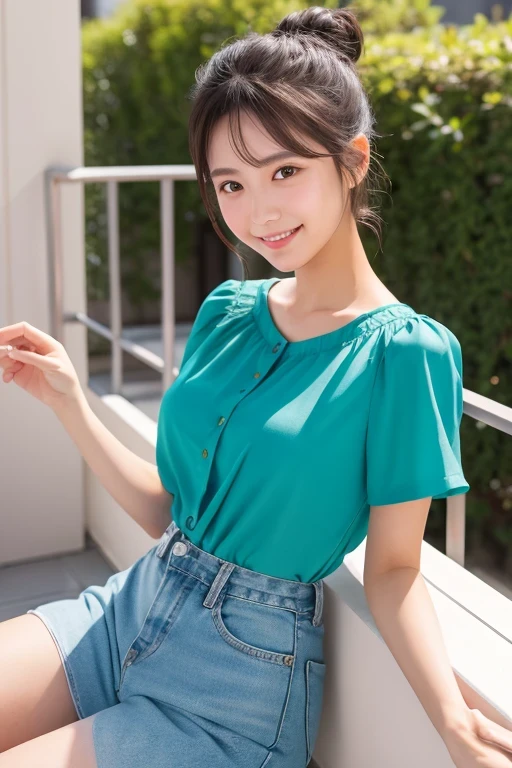 Produce the highest quality and highest resolution 8K images。Please draw the upper body of a 20 year old Japanese woman.。Please draw an image of you relaxing on your balcony at home on a holiday.。She has brown eyes and a model-like figure、She has an idol-level cute face.。Her hair is in a bun.。Clothes、She is wearing a short-sleeved blouse。The skin is、It is a natural skin color。she、Looking at you with a smile。
