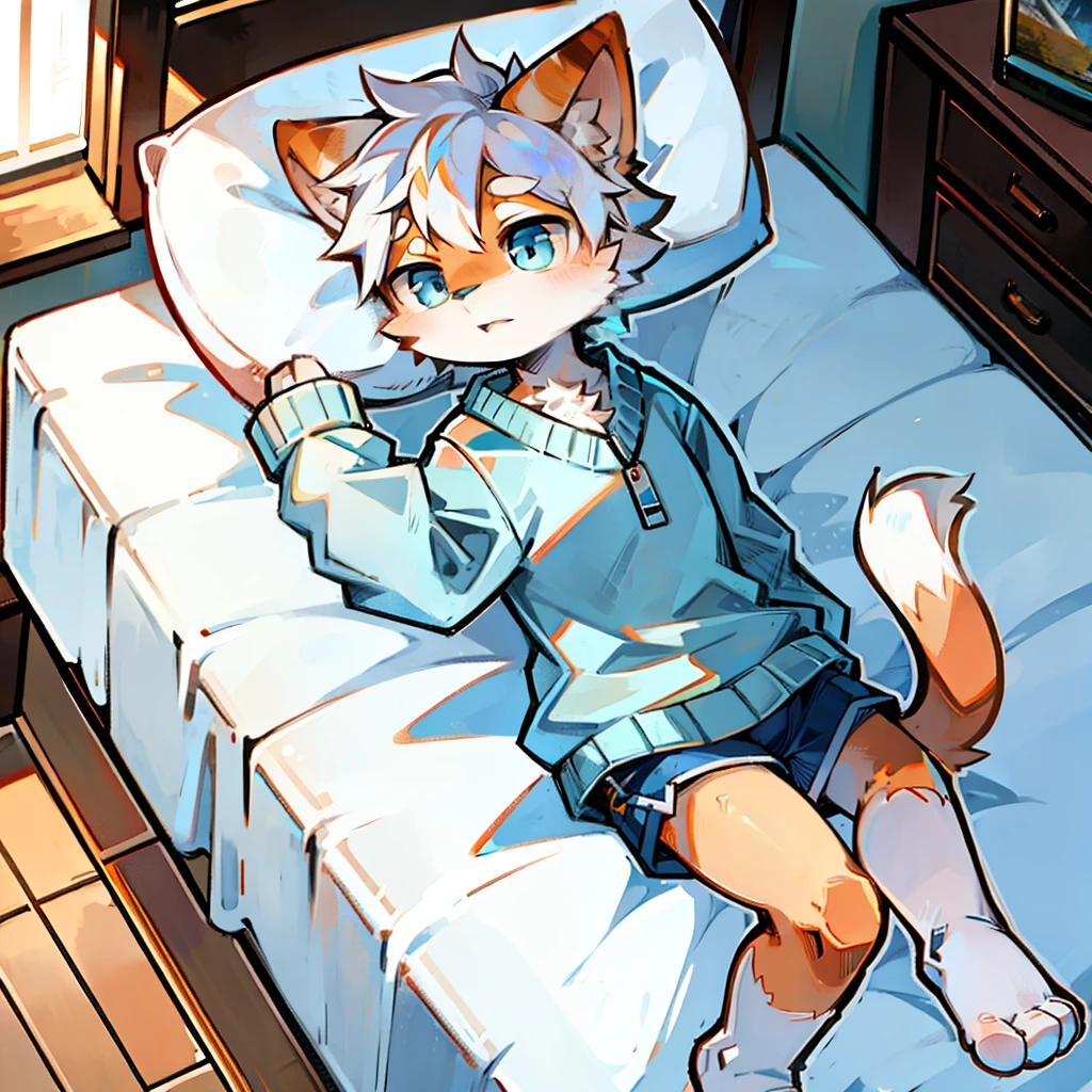 furry, cat boy,(White hair),(Orange skin),blue eyes,Tied to the bed,((Wear short white socks)),Light blue pajamas and shorts,The only person,high quality