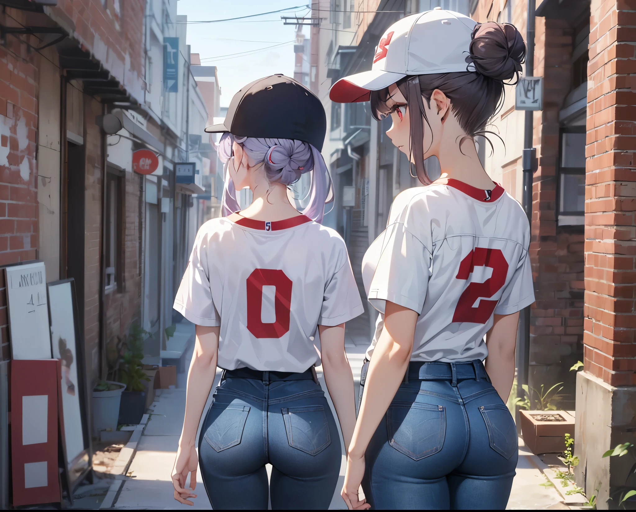 (Close-up:1.3),Realistic,Highest quality, Super detailed, High-quality CG rendering, The most delicate and beautiful, Floating softly, High resolution, (1 girl), (Highest quality,4K,8k,masterpiece:1.2), Light purple hair,(Hair in a bun:1.5),Red eyes,(Pure white oversized short sleeve T-shirt:1.3),(Black skinny jeans:1.3),(Pure white baseball cap:1.3),In the city,old buildings,Narrow back alley,(Turn your back to your audience:1.3),Butt