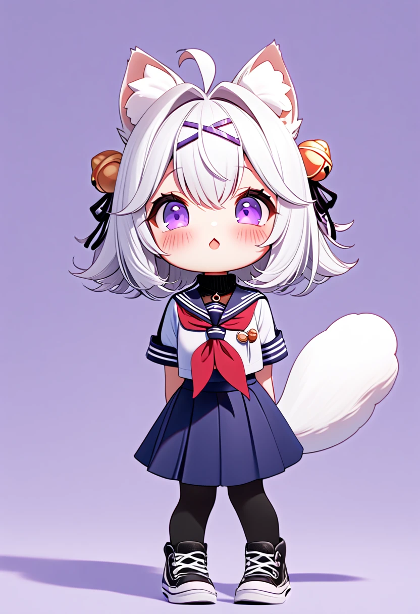 master piece, best quality, ultra-detailed, illustration, 1girl, solo, chibi, (big head), cute pose, front view, looking at viewer. Filiansailor, ((purple hairclip)), hair bell, white hair, short hair, cat ears, ahoge, purple eyes, blush, laughing, fluffy tail, serafuku, black turtleneck, short sleeve, red neckerchief, blue skirt, black stockings, sneaker shoes, ((simple background)), 