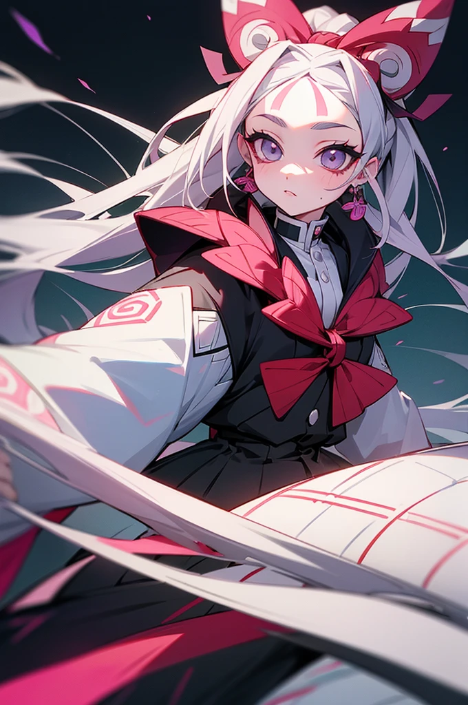 ((Best Quality)) ((detailed)) 14 year old girl with long white hair and gray eyes from the anime Kimetsu no yaiba