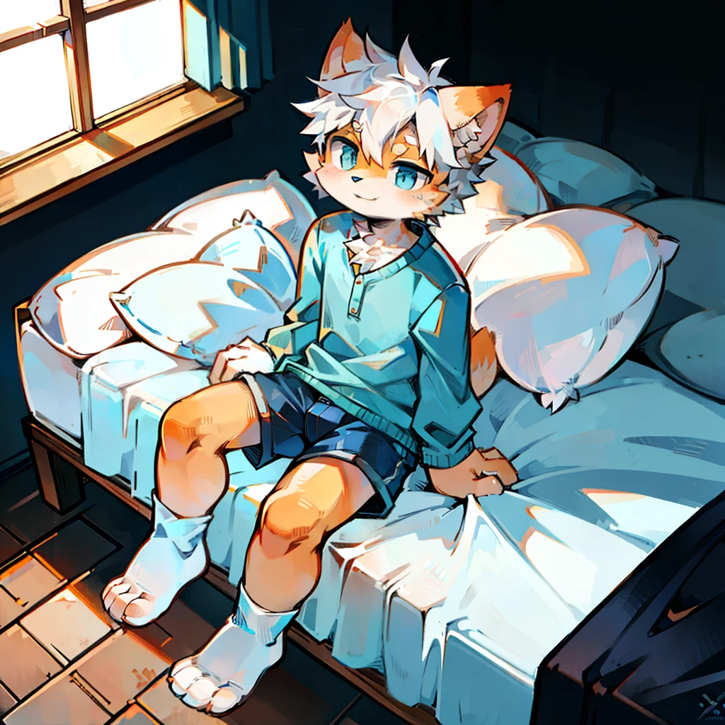 furry, cat boy,(White hair),(Orange skin),blue eyes,Tied to the bed,((Wear short white socks)),Light blue pajamas and shorts,The only person,high quality