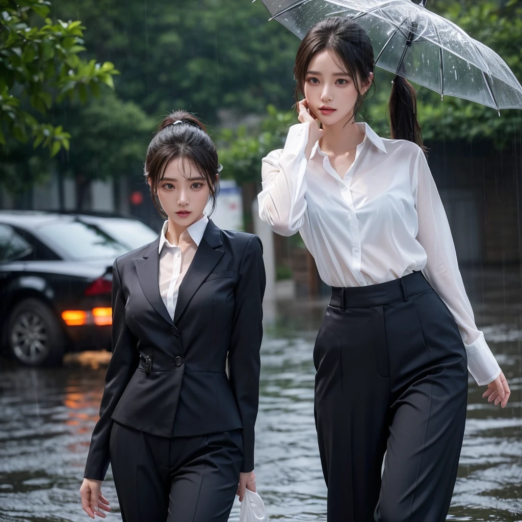exy pose、Hair getting wet in the rain、Mr.々Hair style、ponytail、Short Hair、Transparent shirt、Beautiful woman getting wet in the rain、typhoon、Get wet without an umbrella、Beautiful woman in the rain、雨で濡れたBeautyOL、Detailed face、Realistic、beautiful girl、Beauty、Office Lady Uniform、beauty、Beautiful woman、Narrow waist、Handsome woman、Tight pants look、suit、Sexy pose、タイトなsuitパンツ、雨で濡れたsuit、Wet naked shirt、See-through shirt、Shot in heavy rain、Naked shirt