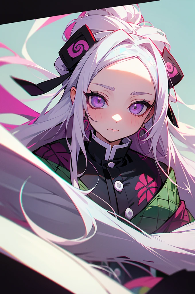 ((Best Quality)) ((detailed)) 14 year old girl with long white hair and gray eyes from the anime Kimetsu no yaiba