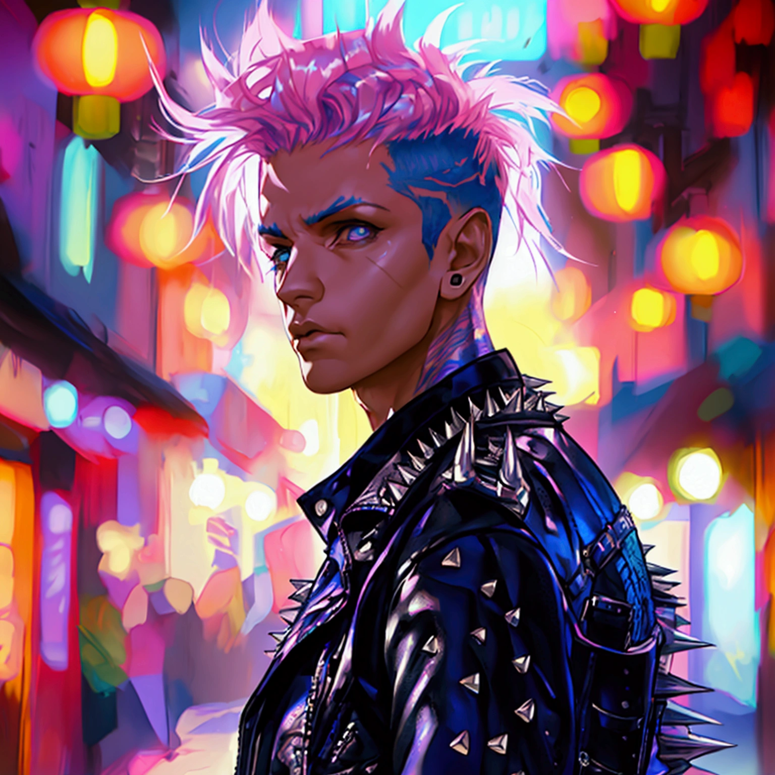 a young male with a pink and blue colored undercut, punk leather jacket with metal spikes, fingerless gloves, purple snakeskin pants, cowboy boots, detailed facial features, cinematic lighting, dramatic atmosphere, hyper-realistic, award-winning concept art, digital painting, 8k, HDR