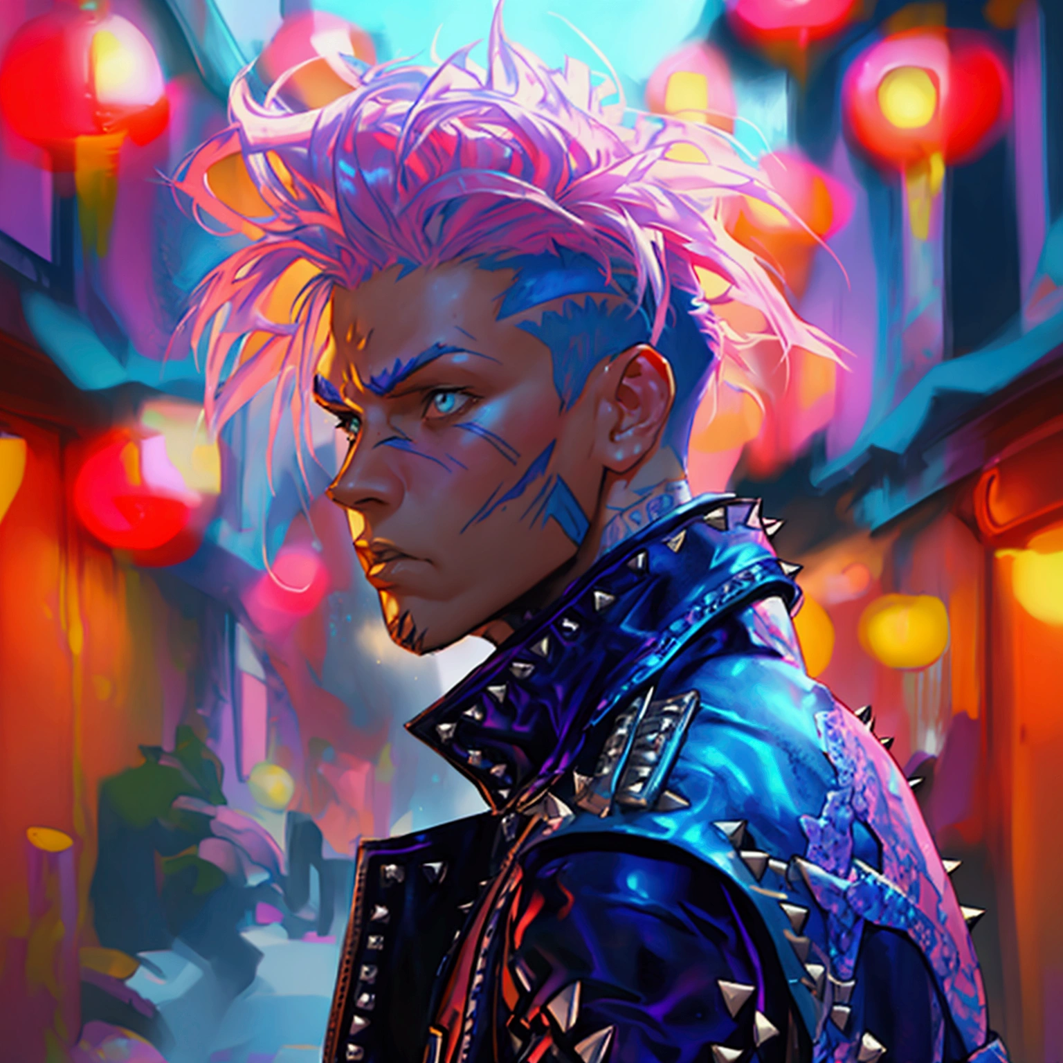 a young male with a pink and blue colored undercut, punk leather jacket with metal spikes, fingerless gloves, purple snakeskin pants, cowboy boots, detailed facial features, cinematic lighting, dramatic atmosphere, hyper-realistic, award-winning concept art, digital painting, 8k, HDR