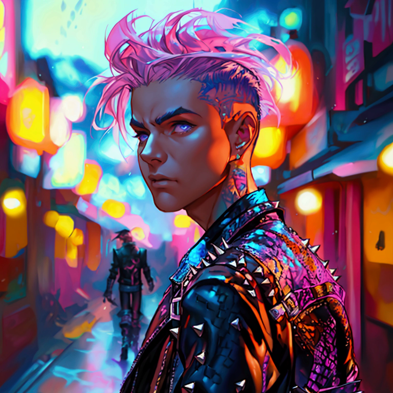 a young male with a pink and blue colored undercut, punk leather jacket with metal spikes, fingerless gloves, purple snakeskin pants, cowboy boots, detailed facial features, cinematic lighting, dramatic atmosphere, hyper-realistic, award-winning concept art, digital painting, 8k, HDR