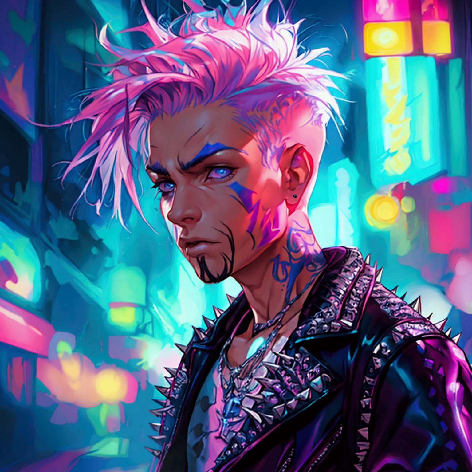 a young male with a pink and blue colored undercut, punk leather jacket with metal spikes, fingerless gloves, purple snakeskin pants, cowboy boots, detailed facial features, cinematic lighting, dramatic atmosphere, hyper-realistic, award-winning concept art, digital painting, 8k, HDR