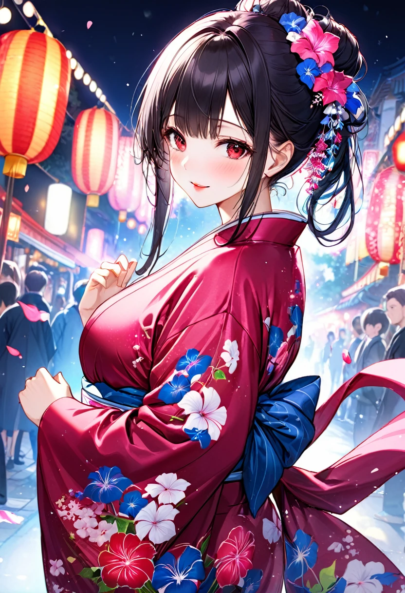 (Lovers style), (lover's pov, closed lover's arm), (solo:2, 18 yo, beautiful detailed sexy body), (beautiful asymmetry:1.3 bangs, Messy bun) (best grow black hair very long hair) (sexy sadist girl, beauty detailed moist red eyes), (sexy glossy pink lip, love smile, big tits), in a immensely beautiful yukata with double exposure morning glory) break, in the night summer Festival Dance Event, BREAK, perfect anatomy, masterpiece, best quality, 16k, beautiful detailed night, daydreaming expression.