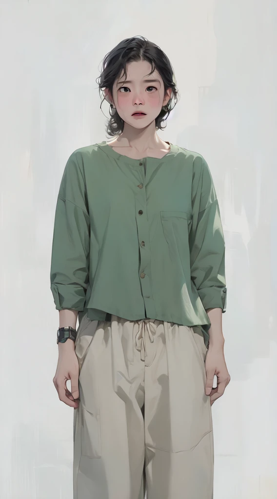 masterpiece, Top quality, best quality,Melancholy expression,A 35-year-old woman,Slightly curly hair,Haggard expression,Green long-sleeved shirt,Khaki pants,Cowboy lens,Women's Focus,Keep,permanent, Looking at the audience,Shut up,,Simple background,Solid color background,Light background