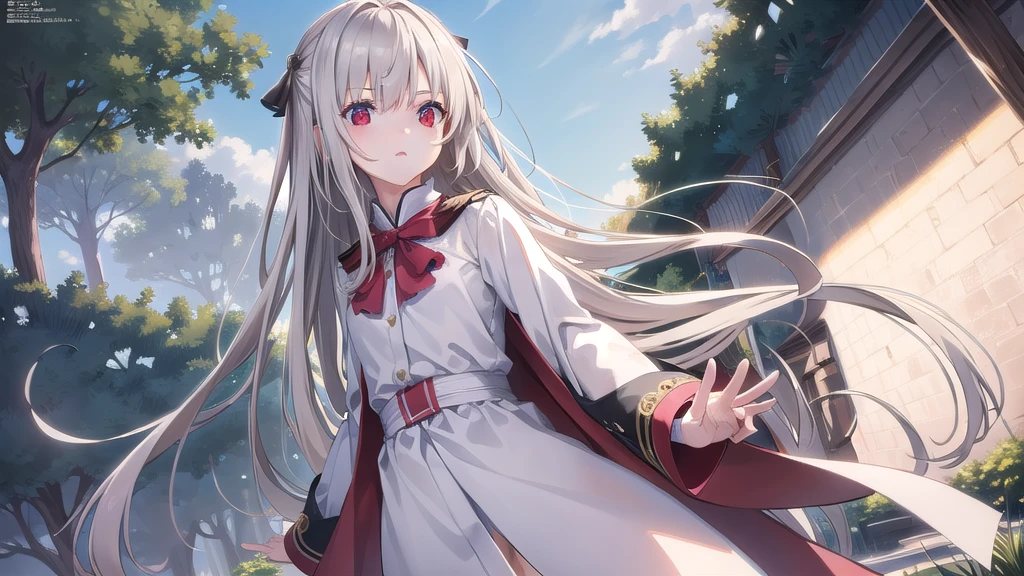 ((masterpiece)),(best quality),Official Art,Extremely detailed CG,Unity 8K wallpaper,Very detailed,Beautiful and delicate eyes,Extremely detailed face,1 teenage girl,solitary,,(whole body:1.5),With long grey hair and red eyes,White coat running under the blue sky