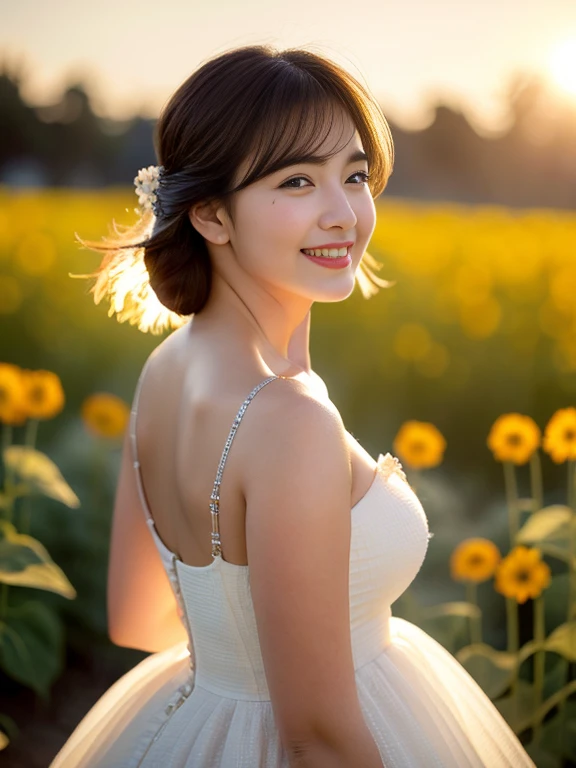 (masterpiece, best quality), outstanding details, ultra-high resolution,
anatomically correct, textured skin, (realism: 1.4),
wide shot, atmospheric perspective, Wide-Angle, f/1.2, UHD,
cowboy shot, (Walking), (holding a sunflower, reaching out),
1 Japanese woman, 30 years old, KAWAII and a delicate face,
perfect proportion, (plump:1.4, small breasts),
dazzling smile, looking at viewer, animated expression,
chubby cheeks:1.2, tareme, Downturned Eyes, pupils sparkling, small nose,
brown hair, low ponytail, short hair, swept bangs,
(wearing a shoulderless dress with a gradient color from white to navy blue, The material of the dress is thin and smooth),
(background: Serene riverside with blossoming wildflowers)
depth of field, backlighting, cinematic lighting, reflection light,