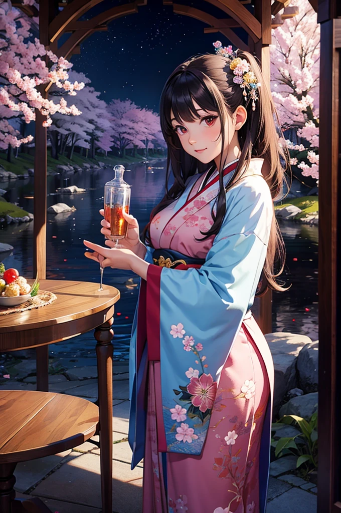 Young woman,bubbles,magic,Good reigns all around,mystical atmosphere,ultra detail,Sakura flowers,Japan,arch,Clear drawing,top quality,bright colors,4k Wallpaper,Patterns on the Floor,masonry,a lot of details,dark hair,dark red eyes,kimono