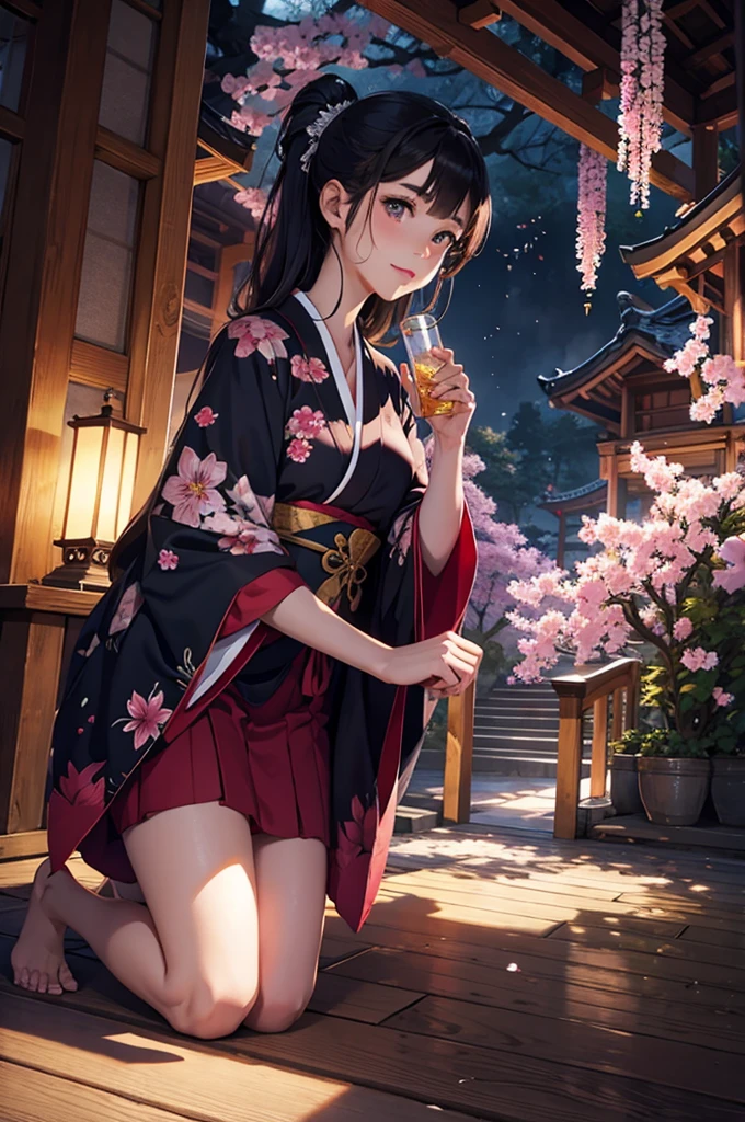 Young woman,bubbles,magic,Good reigns all around,mystical atmosphere,ultra detail,Sakura flowers,Japan,arch,Clear drawing,top quality,bright colors,4k Wallpaper,Patterns on the Floor,masonry,a lot of details,dark hair,dark red eyes,kimono