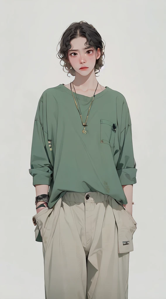 masterpiece, Top quality, best quality，Melancholy expression，A 35-year-old woman,Slightly curly hair，Haggard expression，Green long-sleeved shirt，Khaki pants，Cowboy lens，Women&#39;s Focus，Keep，permanent, Looking at the audience,Shut up,，Simple background，Solid color background，Light background