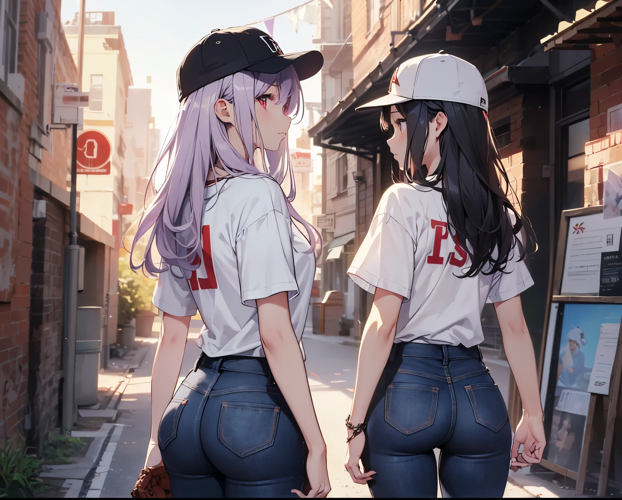 (Close-up:1.3),Realistic,Highest quality, Super detailed, High-quality CG rendering, The most delicate and beautiful, Floating softly, High resolution, (1 girl), (Highest quality,4K,8k,masterpiece:1.2), Light purple hair,(Long Hair:1.5),Red eyes,(Pure white oversized short sleeve T-shirt:1.3),(Black skinny jeans:1.3),(Pure white baseball cap:1.3),In the city,old buildings,Narrow back alley,(Turn your back to your audience:1.3),Butt