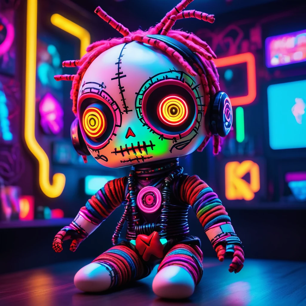 (knitted toy voodoo doll:1.7), (Voodoo Doll at a Cyberpunk Party:1.3), (Clothing: neon-lit futuristic attire with holographic patterns:1.0), (Accessories: enchanted neon glasses emitting a vibrant glow, floating glow sticks:1.1), (background: bustling club with neon lights, futuristic decor, and pulsating music:1.2), best quality, masterpiece, ultra detailed, dynamic lighting, 8k, ultra high definition, high resolution, extremely detailed, best quality, masterpiece, detailed soft oil painting, detailed background, dramatic cinematic lighting, soft edge lighting, professional, dramatic lighting, hard edge lighting, ultra quality, 4k, masterpiece, best quality, 8k, ultra high definition, high resolution, extremely detailed