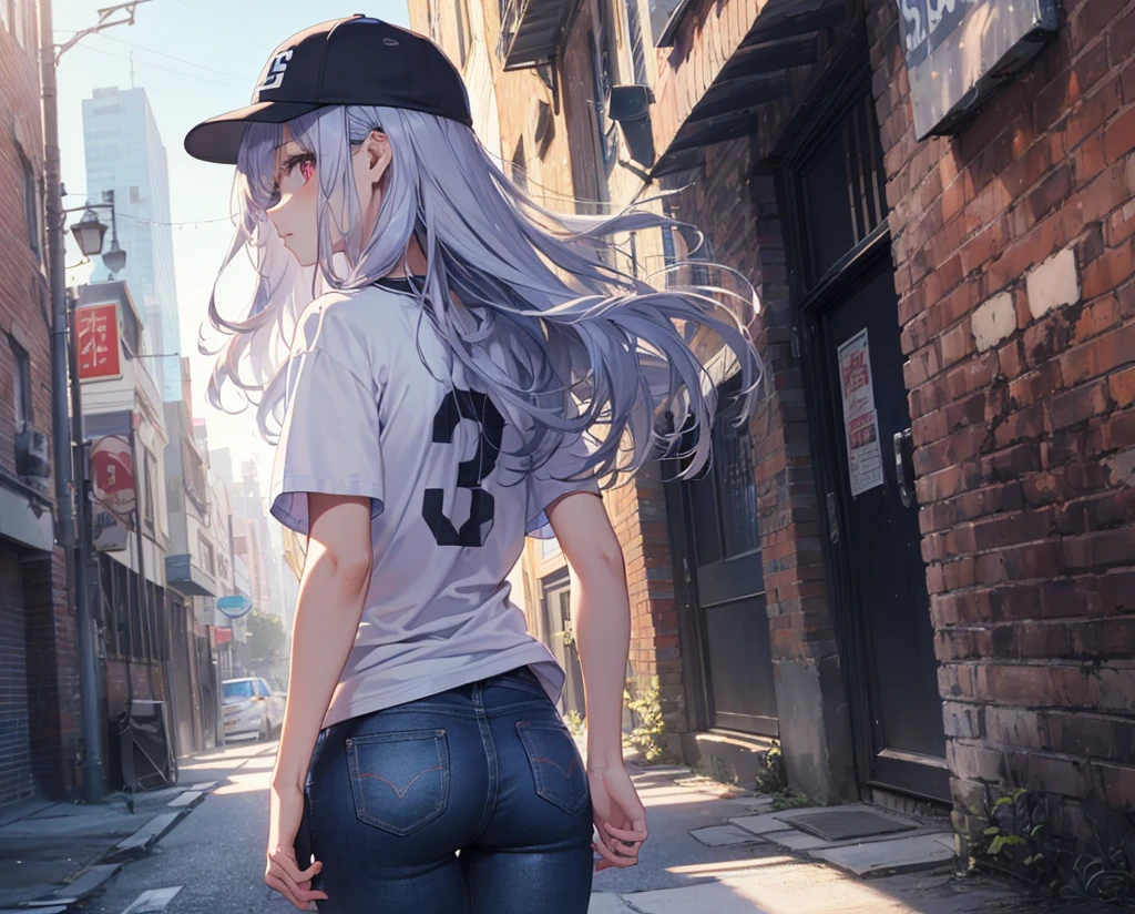 (Close-up:1.3),Realistic,Highest quality, Super detailed, High-quality CG rendering, The most delicate and beautiful, Floating softly, High resolution, (1 girl), (Highest quality,4K,8k,masterpiece:1.2), Light purple hair,(Long Hair:1.5),Red eyes,(Pure white oversized short sleeve T-shirt:1.3),(Black skinny jeans:1.3),(Pure white baseball cap:1.3),In the city,old buildings,Narrow back alley,(Turn your back to your audience:1.3),Butt
